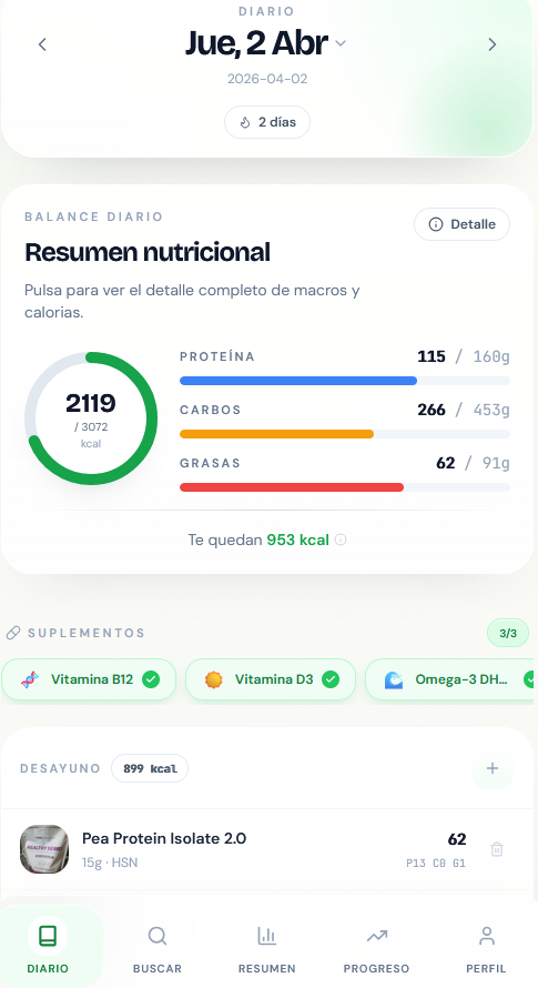 Vista previa m&oacute;vil real de VeganTrack