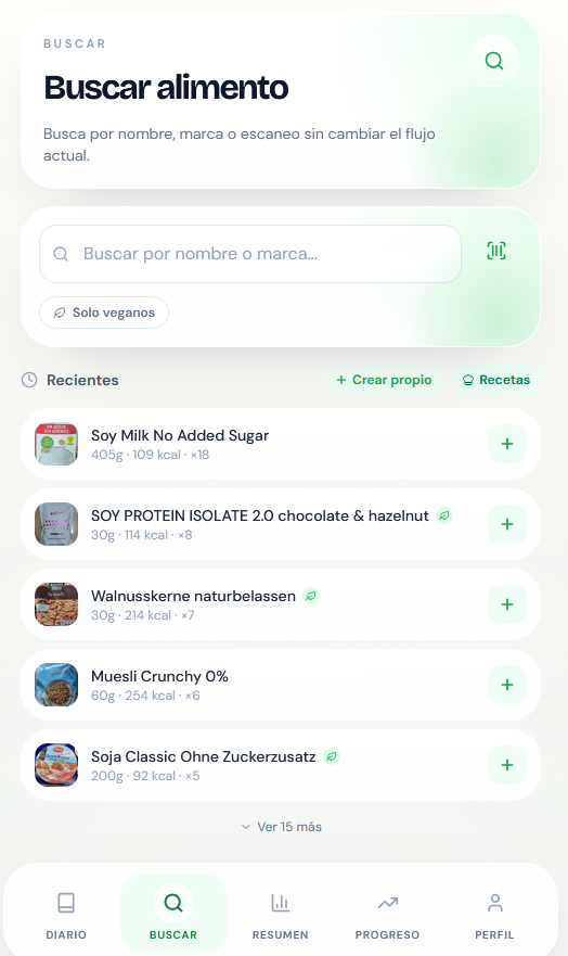 Pantalla real de buscar alimento en VeganTrack