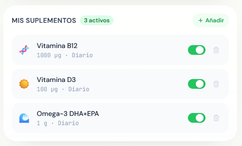 Pantalla real de suplementos en VeganTrack